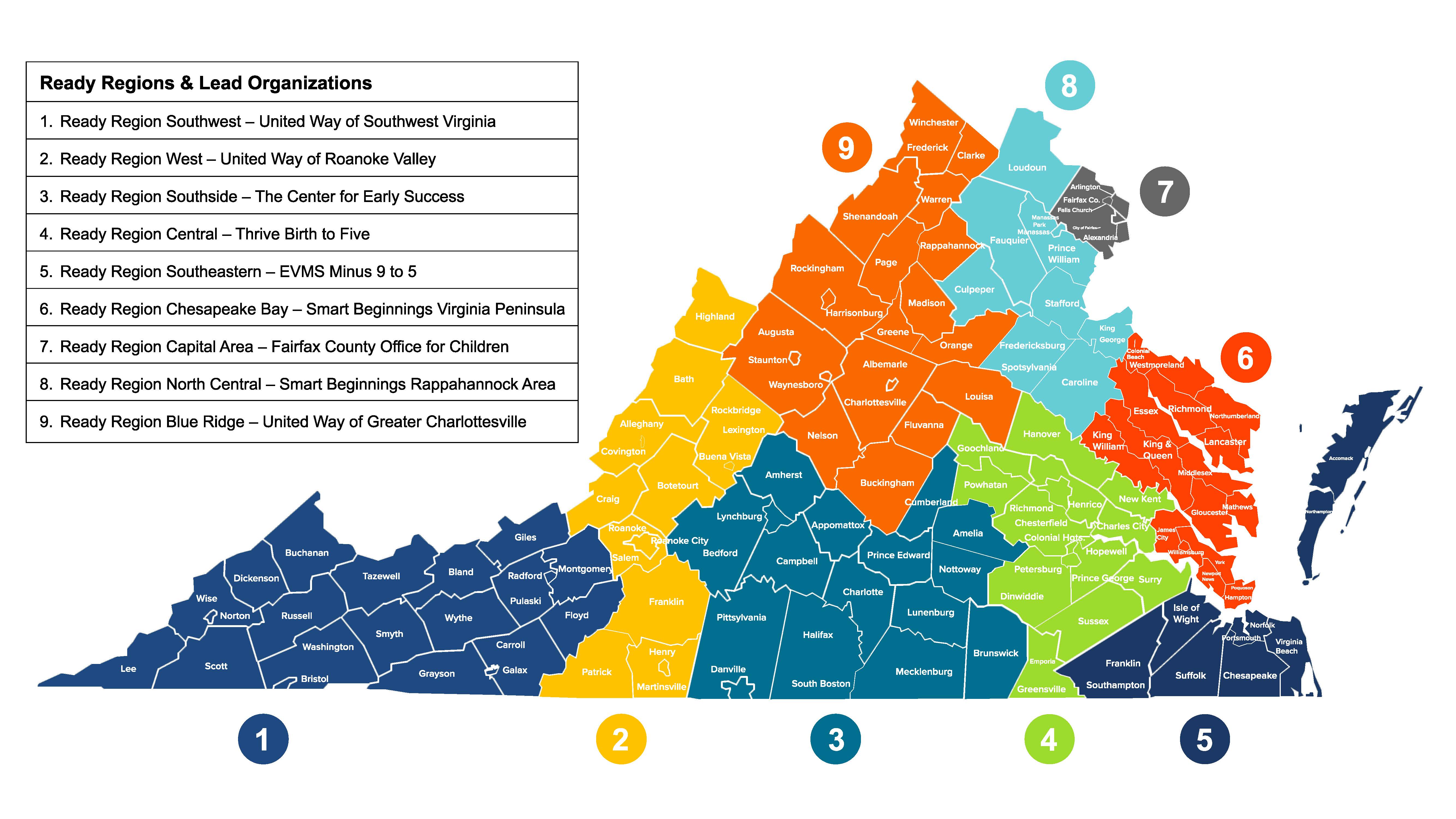 Map of Virginia showing the nine designated Ready Regions